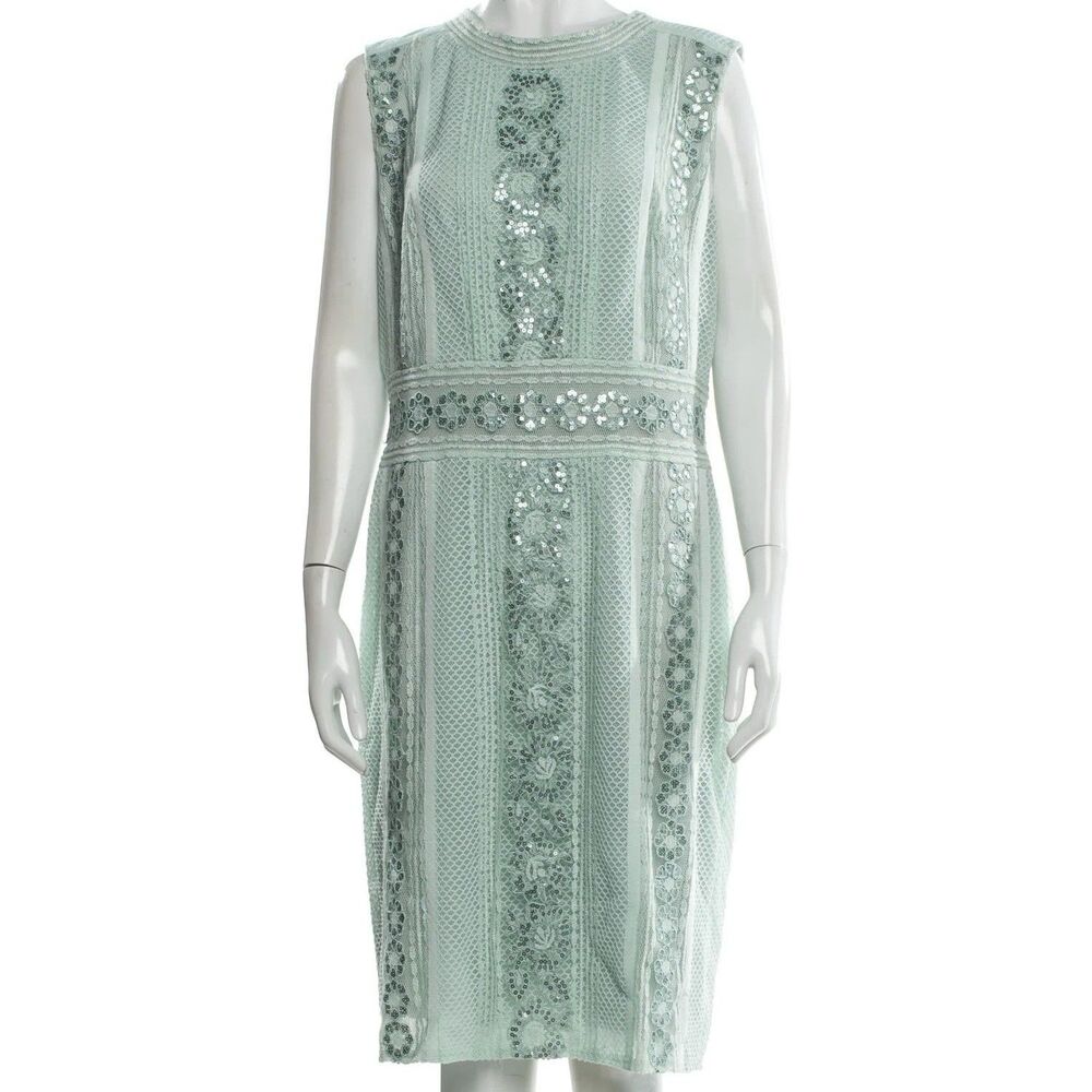 Tadashi Shoji Doris Dress Frosted Jade Lace Sequin Sheath Size 6